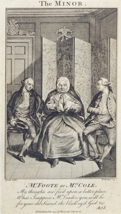 Mr Foote mint Mrs Cole a "The Minor"-ban, W. Walker metszete, 1777. alkotó: Daniel Dodd